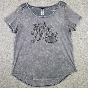 2016 Harley Davidson Womens 2XL Acid Wash Gray Tee‎ High-Low Hem Double Sided